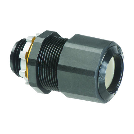 Low-profile non-metallic, liquid-tight, oil-tight, and black strain relief cord connector furnished with a sealing ring and locknut. Supports .385 to .750 cord range with a 3/4 inch trade size.