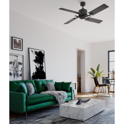 Graphite ceiling fan with rustic lattice-work like design.