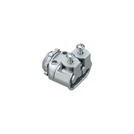 Zinc die-cast, 1/2" knockout saddle-type connector with spring set screw for securing aluminum and steel cable. Snaps into knockout with external spring steel clip. Concrete tight when taped.