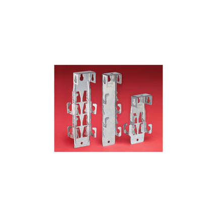 Steel cable hanger that holds and supports a wide range of cable sizes. Mounts to many different surfaces and supports up to 8 cables. Can be ganged for straight or perpendicular runs.