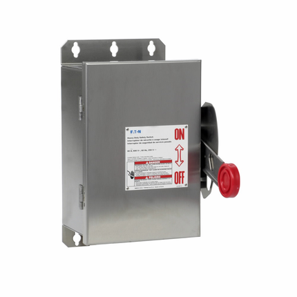 Eaton Heavy duty single-throw non-fused safety switch, Single-throw, 60A, NEMA 4X, Stainless steel, Non-fusible, Three-pole, Three-wire, 10 at 240 Vac TD 1 Ph, 20 at 480 Vac TD 1 Ph, 20 at 240 Vac TD 3 Ph, 50 at 480 Vac TD 3 Ph