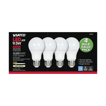 9.5 Watt; A19 LED; Frosted; 3000K; Medium base; 220 deg. Beam Angle; 120 Volt; Non-Dimmable; 4-Pack