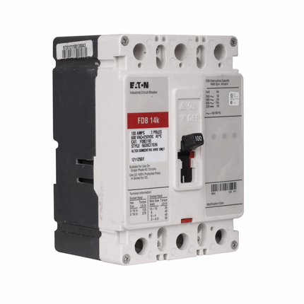 Eaton Series C complete molded case circuit breaker, F-frame, FDB, Complete breaker, Fixed thermal, fixed magnetic trip type, Three-pole, 20A, 600 Vac, 250 Vdc, 18 kAIC at 240 Vac, 14 kAIC at 480 Vac, Line and load, 50/60 Hz