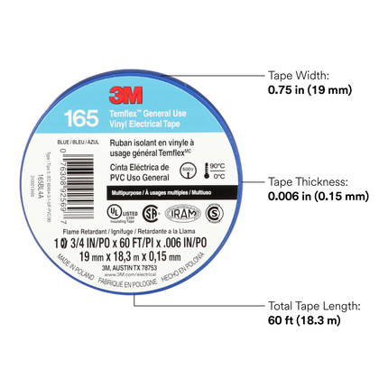 3M Temflex Vinyl Electrical Tape 165, Blue, 3/4 in x 60 ft (19 mm x 18 m), 6 mil, 100 Rolls/Case