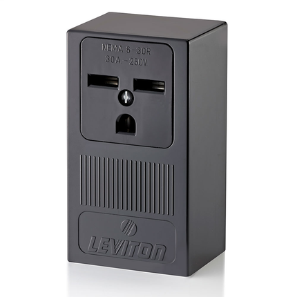 30 Amp, 250 Volt, NEMA 6-30R, 2P, 3W, Surface Mtg Receptacle, Straight Blade, Industrial Grade, Grounding, , Side Wired, Steel Strap, - Black
