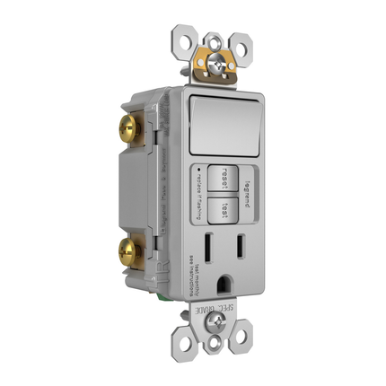 radiant® Combination Single Pole Switch and Tamper-Reistant 15A Duplex Self-Test GFCI Receptacles with SafeLock® Protection, Gray