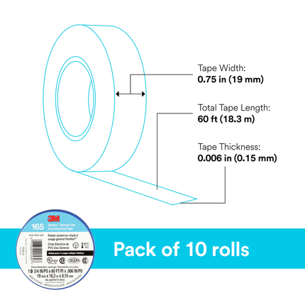 3M Temflex Vinyl Electrical Tape 165, Blue, 3/4 in x 60 ft (19 mm x 18 m), 6 mil, 100 Rolls/Case