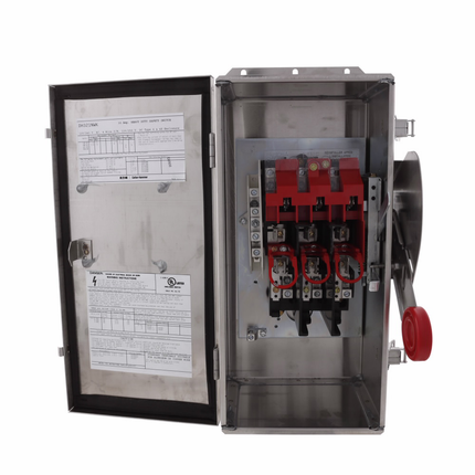 Eaton Enhanced visible blade single-throw safety switch, Corrosion resistant, 30 A, NEMA 4X, 304 stainless steel, Class H, Neutral, Three-pole, Four-wire, 240 V, Max Hp: 1.5, 3/ 3, 7.5/ 5 hp (1,3PH @Std/TD, 250 Vdc), #14-#2 Cu/Al