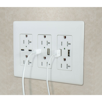 USB Charger Duplex Receptacle, 20A 125V,2-Pole 3-Wire Grounding, 5-20R, 2) 5A USB Ports, White