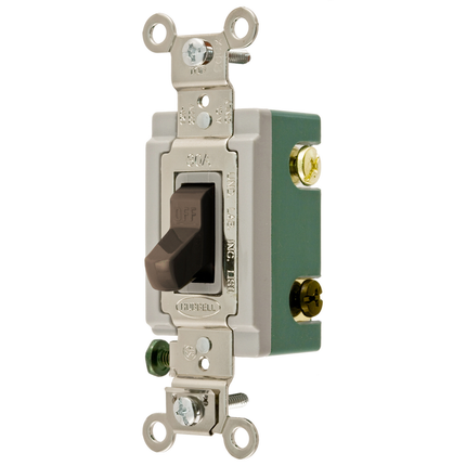 Switches and Lighting Controls, Extra Heavy Duty Industrial Grade, Toggle Switches, General Purpose AC, Three Way, 30A 120/277V AC, Back and Side Wired, Brown Toggle