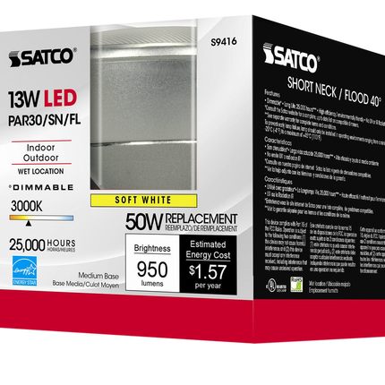 13 Watt PAR30 Short Neck LED; 3000K; 40 deg. Beam Angle; Medium base; 120 Volt