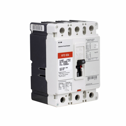 Eaton Series C complete molded case circuit breaker, F-frame, HFD, Complete breaker, Fixed thermal, fixed magnetic trip type, Three-pole, 60A, 600 Vac, 250 Vdc, 100 kAIC at 240 Vac, 65 kAIC at 480 Vac, Line and load, 50/60 Hz