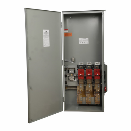 Eaton main fusible switch, 600A, Aluminum, NEMA 3R, Overhead, Class T, 100 kAIC, Four-wire, Three-phase, Barrier kits: 400A-800A fusible switches: Bottom feed-3MFSBBK, Top feed-3MFSTB, 120/208V, (2) #4 AWG-600 kcmil