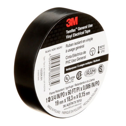 3M Temflex Vinyl Electrical Tape 165, Black, 3/4 in x 60 ft x .006 in, 100 Rolls/Case