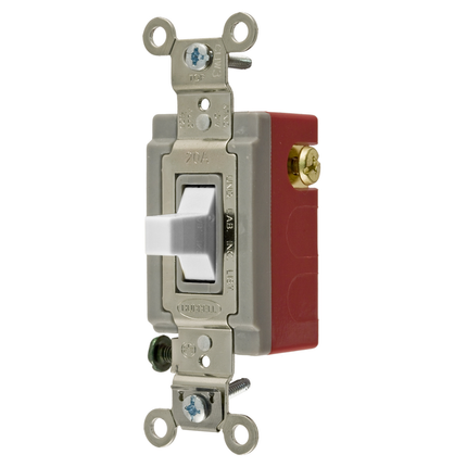 Switches and Lighting Controls, Extra Heavy Duty Industrial Grade, Toggle Switches, General Purpose AC, Single Pole Double Throw Center Off, 20A 120/277V AC, Back and Side Wired, White Toggle