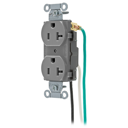 Straight Blade Devices, Receptacles, Duplex, Commercial Grade, 2-Pole 3-Wire Grounding, 20A 125V, 5-20R, Gray, Single Pack, Pre-Wired 8" Stranded Leads