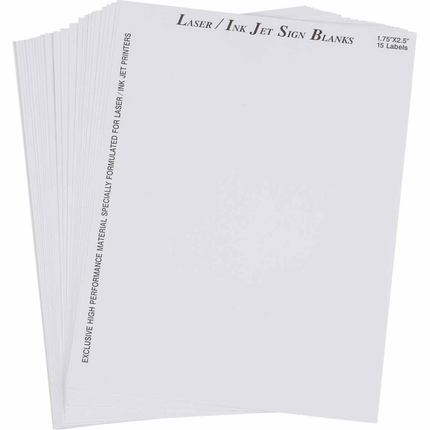 Laser Printable Polyester Sign and Label Blanks, 1.75" H x 2.5" W, Pack of 25 Sheets, White