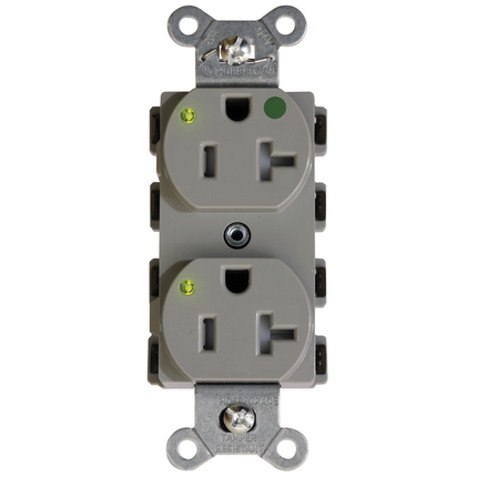 Straight Blade Devices, Receptacles, Duplex, SNAPConnect, Hospital Grade, Tamper Resistant, LED Indicator, 20A 125V, 2-Pole 3-Wire Grounding, 5-20R, Nylon, Gray, USA