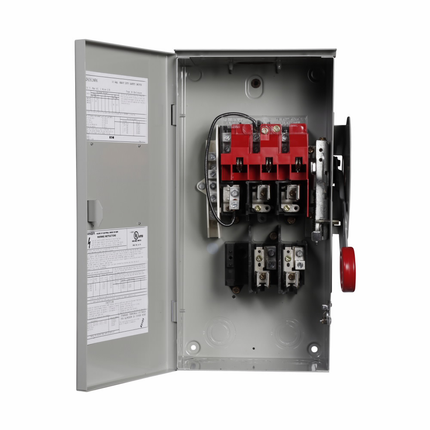 Eaton Heavy duty single-throw non-fused safety switch, Single-throw, 30A, NEMA 3R, Painted galvanized steel, , Non-fusible, Two-pole, Two-wire, 3 at 240 Vac TD 1 Ph, 7.5 at 480 Vac TD 1 Ph, 10 at 600 Vac TD 1 Ph, 15 at 600 Vdc
