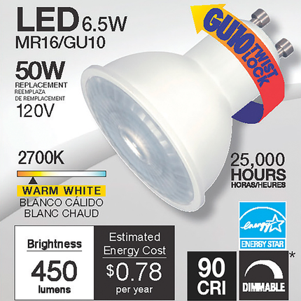 6.5 Watt; LED MR16 LED; 2700K; 40 deg. Beam Angle; GU10 base; 120 Volt