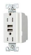 Eaton combination USB charger with duplex receptacle, Tamper resistant, 20A at 125 Vac, 3.A at 5 Vdc, Flush mount, 125 Vac, 5 Vdc, Wire leads, White, Brass, 5-20R, Two-pole, three-wire, grounding, Decorator, Thermoplastic