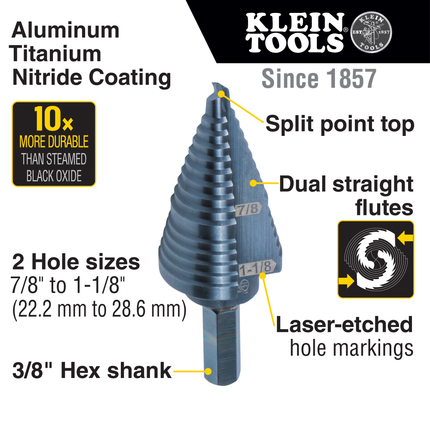 2-Step Drill Bit, 3/8-Inch Hex, Double Straight Flute, 7/8-Inch to 1-1/8-Inch