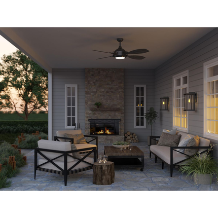 Black-finished ceiling fan with opal shade.