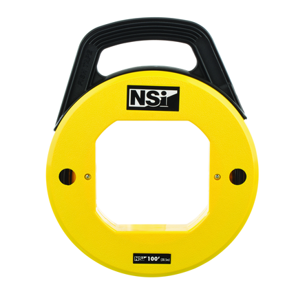 NSI FTS100 STEEL FISHTAPE REAL AND WINDER, FORMED HOOK, 100FOOT; 500LB MAX, HIGH VIS YELLOW