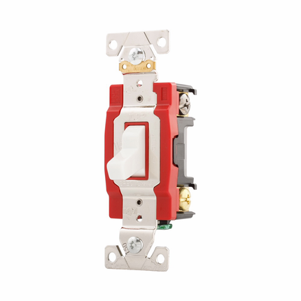 Eaton Arrow Hart industrial grade toggle switch, #14-10 AWG, 20A, Industrial, Wall, 120/277V, Back and side, Screw, White, Three-Way, Brass, Terminals: 0.031 in, Polycarbonate
