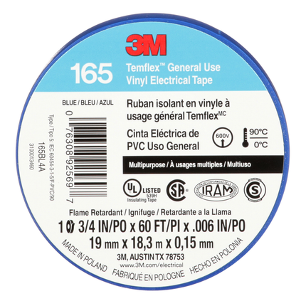 3M Temflex Vinyl Electrical Tape 165, Blue, 3/4 in x 60 ft (19 mm x 18 m), 6 mil, 100 Rolls/Case