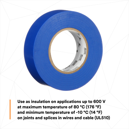 3M Temflex Vinyl Electrical Tape 165, Blue, 3/4 in x 60 ft (19 mm x 18 m), 6 mil, 100 Rolls/Case