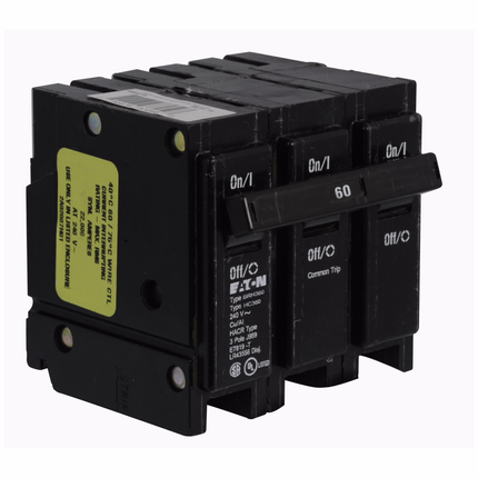 Eaton BR thermal magnetic circuit breaker,Type BR 1-Inch plug-on circuit breaker,60 A,22 kAIC,Three-pole,240V,BRH,Common breaker trip,#4-1/0 AWG Cu/Al,BRH,Type BR Loadcenters