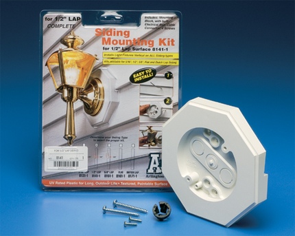 Siding mounting kit with built in electrical box. 6.8 cubic inch box.Kit includes NM cable connector. 4 mounting screws. 1/2" lap siding. 6.6 x 6.6 octagon.