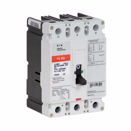 Eaton Series C complete molded case circuit breaker, F-frame, FD, Complete breaker, Fixed thermal, fixed magnetic trip type, Three-pole, 60A, 600 Vac, 250 Vdc, 65 kAIC at 240 Vac, 35 kAIC at 480 Vac, Line and load, 50/60 Hz