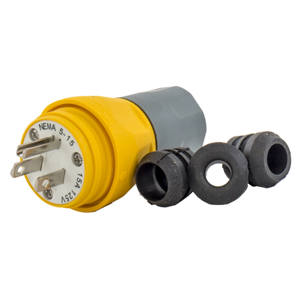Straight Blade Devices, Thermoplastic  Elastomer Water Tight, Industrial/Commercial Grade, Straight, 2-Pole 3-Wire Grounding, 15A 125V, 5-15P, Yellow, Single Pack.