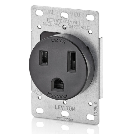 50 Amp, 250 Volt, 2P, 3W, Flush Mtg Receptacle, Straight Blade, Industrial Grade, Grounding, Black