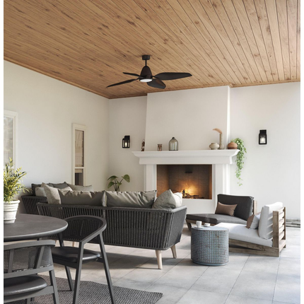 Black-finished ceiling fan with white opal shade.