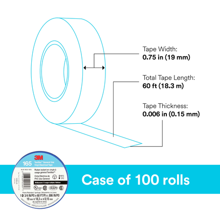 3M Temflex Vinyl Electrical Tape 165, Blue, 3/4 in x 60 ft (19 mm x 18 m), 6 mil, 100 Rolls/Case