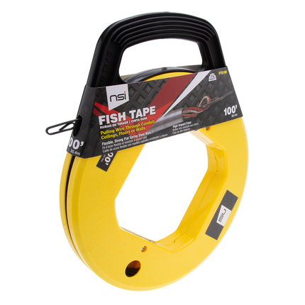 NSI FTS100 STEEL FISHTAPE REAL AND WINDER, FORMED HOOK, 100FOOT; 500LB MAX, HIGH VIS YELLOW