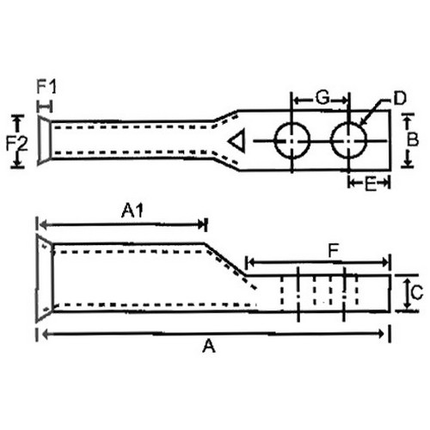 Copper Flex Cable Long Barrel 2 Hole Compression Lugs #2 Awg 1/4 Stud 5/8" Hole Spacing