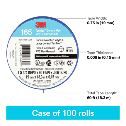 3M Temflex Vinyl Electrical Tape 165, Blue, 3/4 in x 60 ft (19 mm x 18 m), 6 mil, 100 Rolls/Case