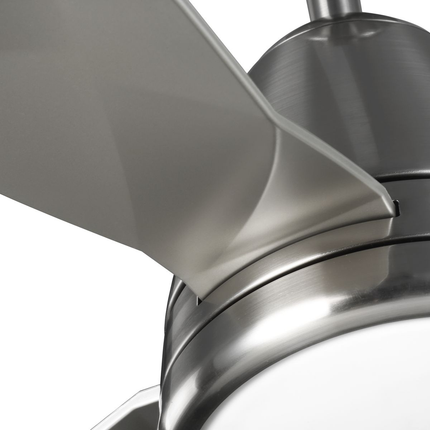Brushed nickel-finished ceiling fan with white opal shade.