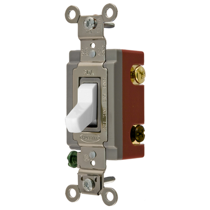 Switches and Lighting Controls, Extra Heavy Duty Industrial Grade, Toggle Switches, General Purpose AC, Three Way, 20A 120/277V AC, Back and Side Wired, White Toggle