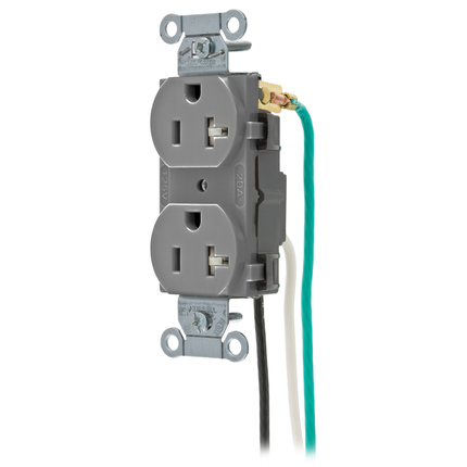 Straight Blade Devices, Receptacles, Duplex, Commercial Grade, 2-Pole 3-Wire Grounding, 20A 125V, 5-20R, Gray, Single Pack, Pre-Wired 8" Stranded Leads
