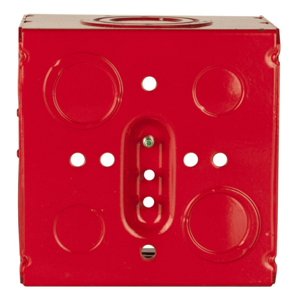 4-11/16 in. Life Safety Square Box, Welded, 3-1/4 in. Deep, (4) 1/2 in.- 3/4 in. TKO; (2) 1 in. - 1-1/4 in. TKO; (2) 1 in. - 2 in. Concentric KO; and (2) 3/4 in. - 1 in. TKO; (2) 1/2 in. KO, Red
