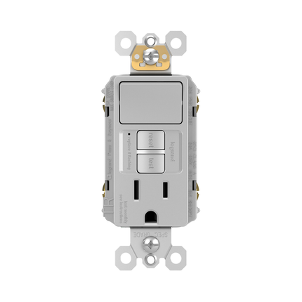 radiant® Combination Single Pole Switch and Tamper-Reistant 15A Duplex Self-Test GFCI Receptacles with SafeLock® Protection, Gray