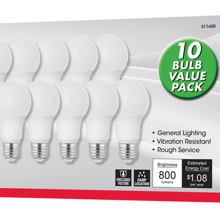 9 Watt A19 LED; 3000K; Medium base; 220 deg. Beam Angle; 10-Pack