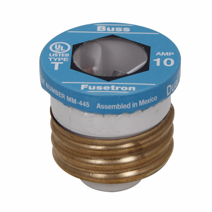 Eaton Bussmann series Type T plug fuse, plug fuse, time delay, heavy duty, 10 A, 125 Vac, 10 kAIC (RMS Symmetrical) interrupt rating, 10 kA short circuit rating, threaded mount, duel element, plastic body, brass thread, edison base