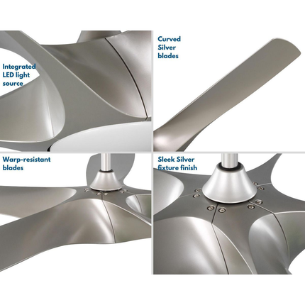 Five-blade 60" silver transitional indoor/outdoor smart ceiling fan.