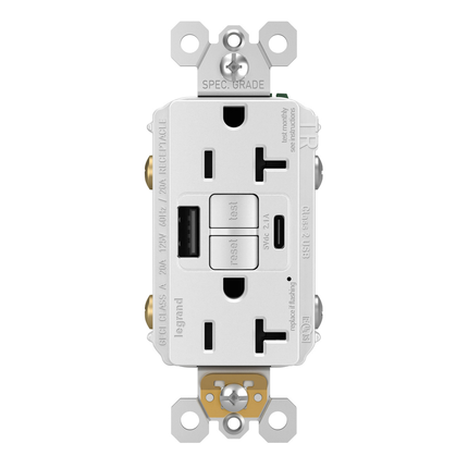 radiant® Tamper-Resistant 20A Duplex Self-Test GFCI Receptacles with SafeLock® Protection, Type A/C Outlet, White